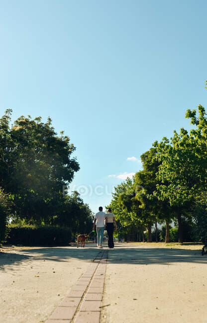 Paar spaziert und spielt mit Hund durch die Straßen der Stadt — Stockfoto