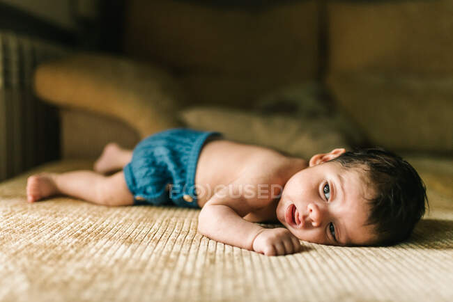 Cute little innocent newborn baby in back lying on sofa at home — Stock Photo