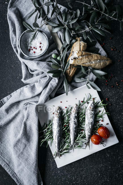 Salted anchovies placed on heap of rosemary sprigs near fabric napkin with olive branches and fresh bread — Stock Photo