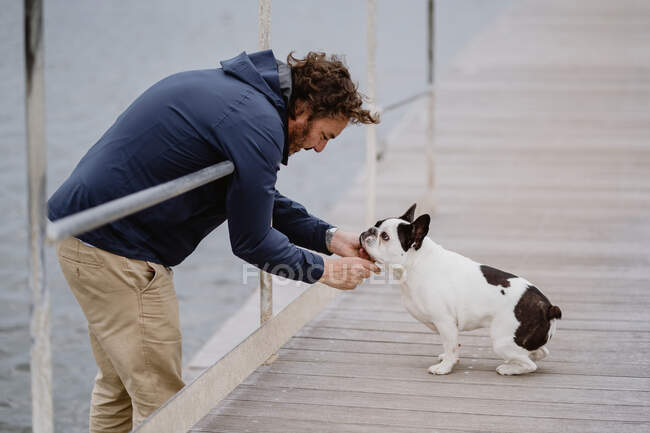 Side view of adult man in casual outfit petting adorable French Bulldog while spending time on lumber pier near sea — Stock Photo
