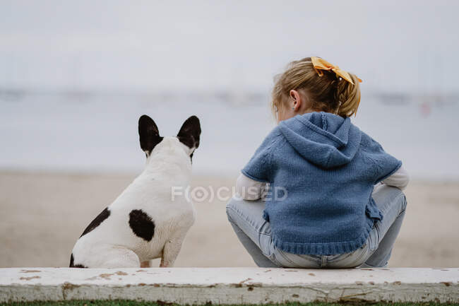 Back view of small girl near French Bulldog while sitting on beach near sea together — Stock Photo