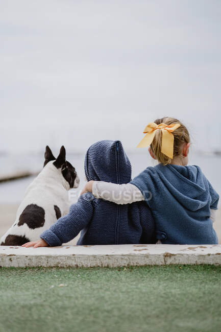 Vue arrière de deux enfants embrassant French Bulldog assis sur la plage près de la mer ensemble — Photo de stock