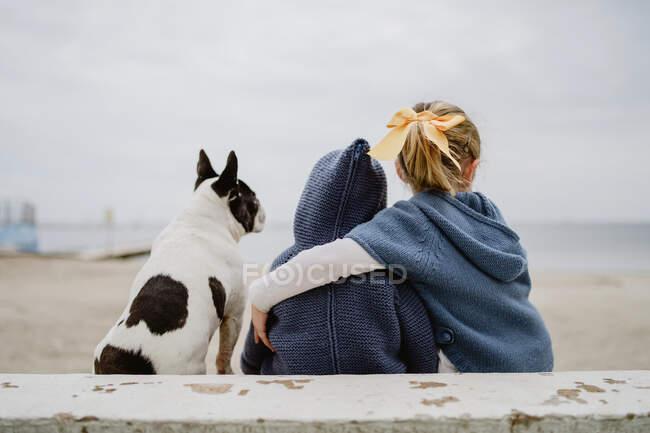 Погляд на двох дітей, які обіймають французького бульдога, сидячи на березі моря. — стокове фото