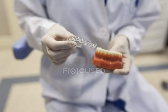 Зубной врач в медицинском халате сидит на стуле в стоматологическом кабинете и держит поддельную челюсть в форме зубов — стоковое фото