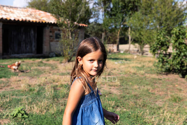 Carino bambina con i capelli lunghi in abito di jeans in piedi sul cortile dell'azienda agricola con galline ambulanti in giornata estiva soleggiata — Foto stock
