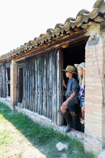 Teen ragazzo e sorella in piedi in ingresso fienile insieme in giornata di sole in fattoria — Foto stock