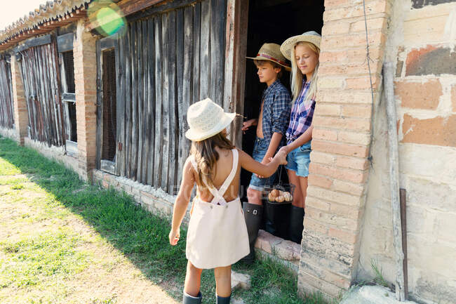 Teenie-Jungen und Schwestern stehen an sonnigem Tag gemeinsam in Scheuneneinfahrt auf Bauernhof — Stockfoto