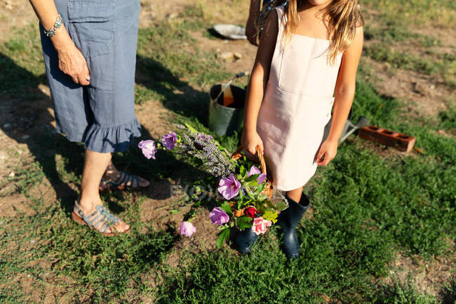 Mulher sênior e menina colhendo flores bonitas no jardim juntos no dia ensolarado na fazenda — Fotografia de Stock