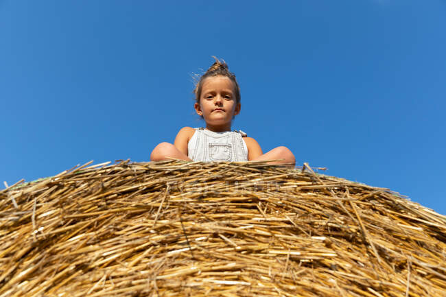 Little girl looking at camera while sitting on roll of dry grass against cloudless blue sky on sunny day on farm — Stock Photo