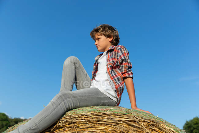Kleiner Junge schaut weg, während er auf trockenem Gras vor wolkenlosem blauem Himmel an einem sonnigen Tag auf einem Bauernhof sitzt — Stockfoto