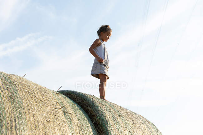 Vista lateral de la chica descalza de pie sobre rollos de hierba seca contra el cielo azul nublado en el día soleado en la granja - foto de stock
