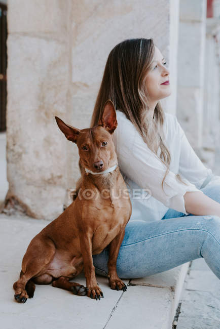 Випадкова жінка з собакою, що сидить на бетонній сходинці на вулиці і дивиться в сторону — стокове фото
