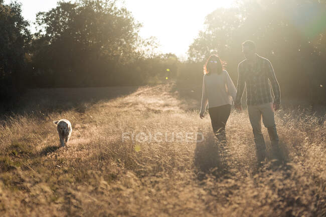 Couple avec chien à la campagne au coucher du soleil — Photo de stock