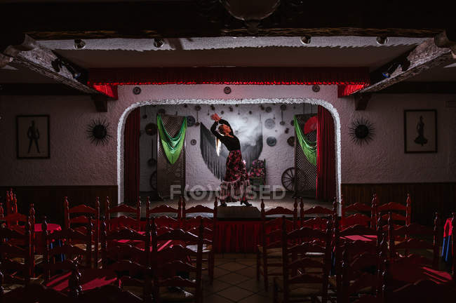 Female dancer in flamenco costume standing in dance posture — Stock Photo