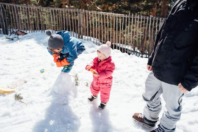 Padre de la cosecha con niños felices en ropa de invierno divertirse en las montañas nevadas juntos - foto de stock