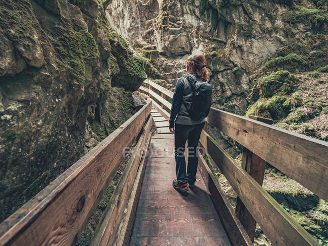 Back view of female tourist admiring stunning view of Alps while walking on hiking path in Dolomites, Italy — Stock Photo