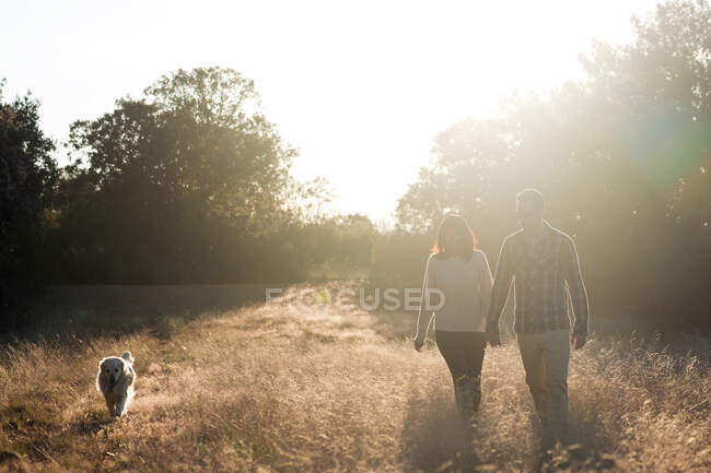 Couple with dog in countryside at sunset — Stock Photo