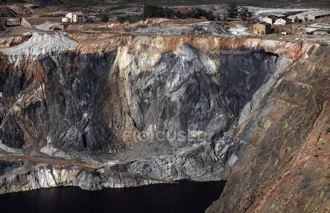 Aerial view of rocky landscape and river in morning in Mines of Riotinto, Huelva — Stock Photo