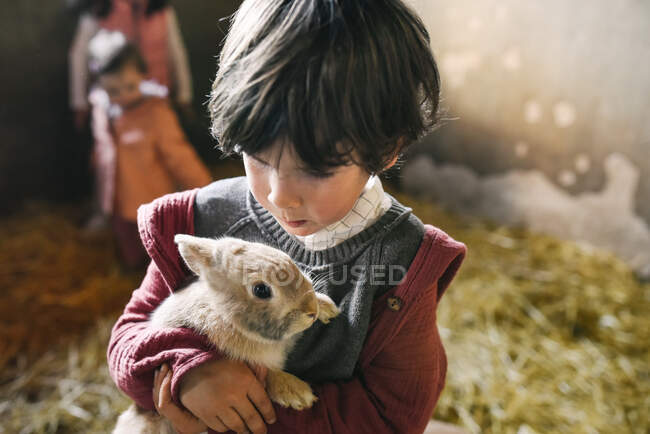 Carino piccolo ragazzo che tiene bel coniglietto in piedi alla luce del sole in natura — Foto stock