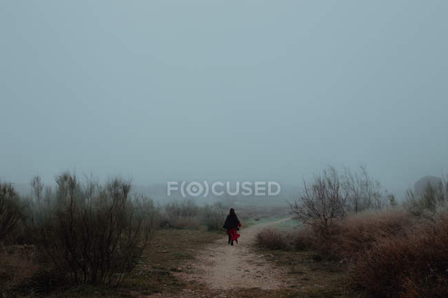 Donna sognante in abito rosso a piedi lungo la strada vuota di terreno misterioso nonnismo — Foto stock