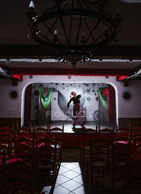 Танцовщица в костюме фламенко стоит в танцевальной позе на сцене — стоковое фото
