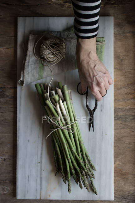 Vista superior de mãos de pessoa segurando tesoura em placa de mármore com pilha de espargos amarrados com corda de cordel na mesa de madeira — Fotografia de Stock