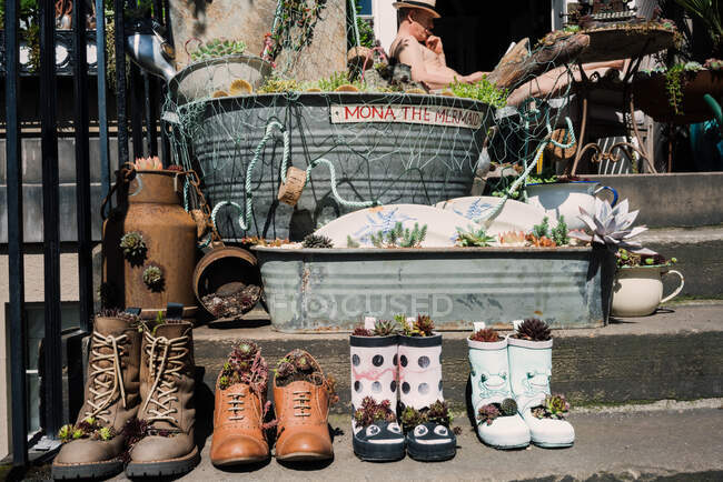 Street steps with arranged old boots and metal bath with growing plants inside, Scotland — Stock Photo