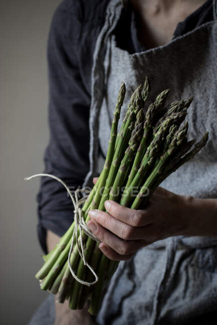 Crop donna in abito grigio strutturato tenendo teneramente mucchio di asparagi verdi freschi steli — Foto stock