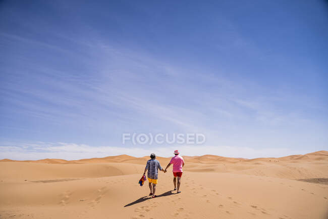Voltar ver os homens de mãos dadas e caminhando na areia em direção a dunas contra céu azul nublado no deserto — Fotografia de Stock