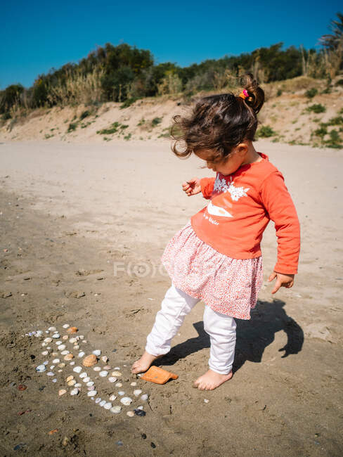 Adorable toddler girl playing with shells on sandy seaside in sunny day — Stock Photo