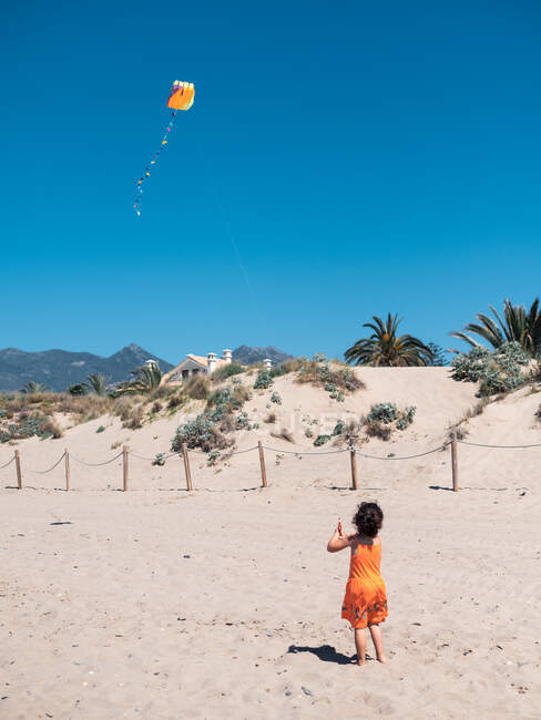 Вид сзади на маленькую девочку, бегущую по морю с летающим воздушным змеем на фоне голубого неба — стоковое фото