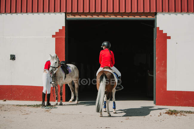 Back view of anonymous young teen woman in jockey helmet and jacket riding a horse standing next to stable entrance — Stock Photo