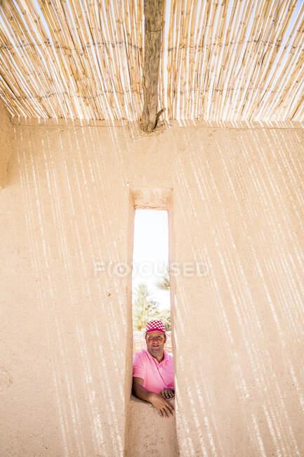 Пухнастий чоловік за кам'яною стіною — стокове фото