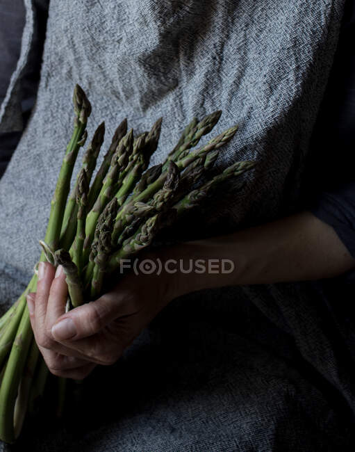 Mulher de colheita em vestido texturizado cinza segurando amontoado ternamente de hastes de espargos verdes frescos — Fotografia de Stock