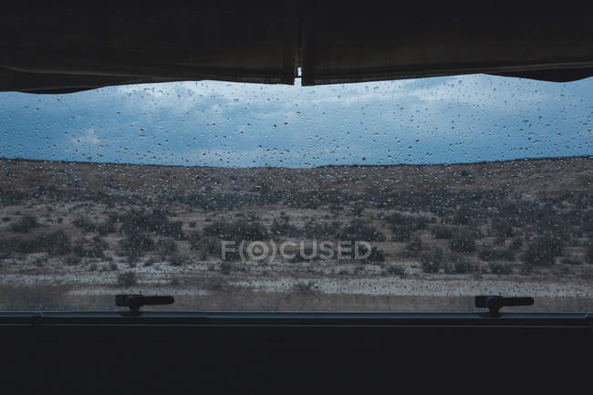 Paesaggio desertico con vegetazione verde sotto il cielo nuvoloso sotto la pioggia dal finestrino dell'auto in semi-deserto — Foto stock