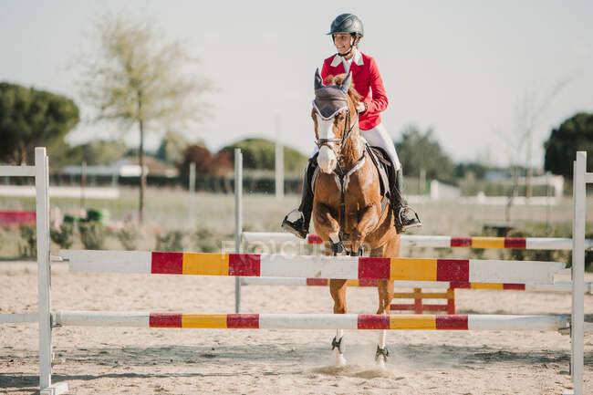 Teenie-Jockey springt auf Pferd über horizontale Holzstangen, während er auf Rennbahn reitet — Stockfoto