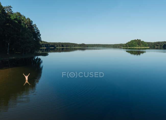 Vista panorámica del cielo azul y el gran lago claro rodeado de un denso bosque con una persona que se baña irreconocible levantando las manos - foto de stock