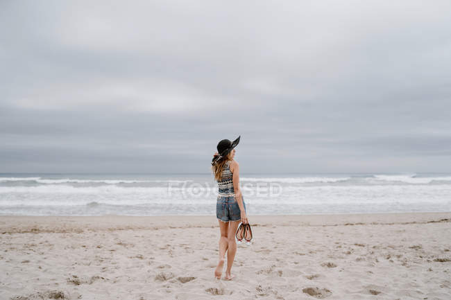 Visão traseira da mulher atraente em chapéu preto desfrutando de vista pitoresca do oceano — Fotografia de Stock