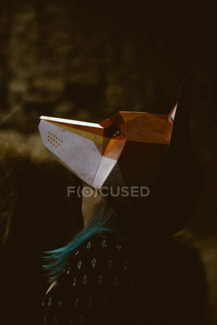 Anonymes Weibchen mit Papierfuchsmaske spaziert bei trübem Wetter durch den geheimnisvollen Herbstwald. Konzept zum Schutz wildlebender Lebensräume — Stockfoto