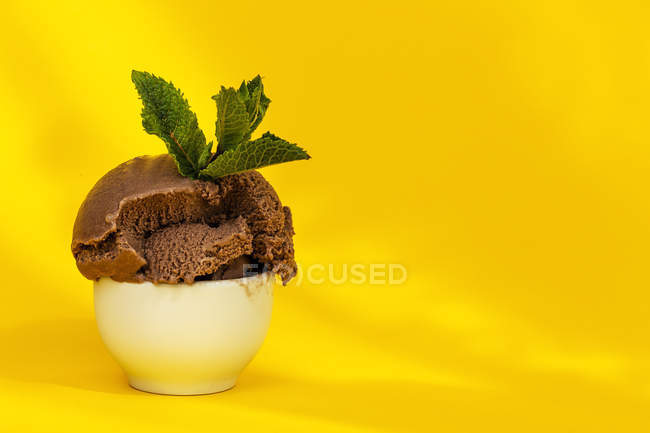 Délicieux dessert au chocolat dans un bol blanc orné de feuilles vertes sur fond jaune — Photo de stock