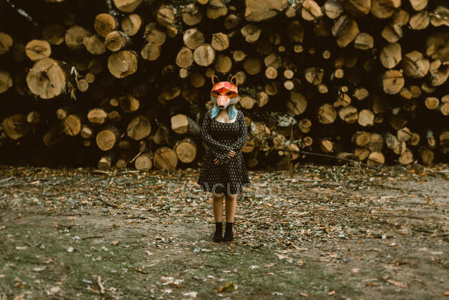 Anonymous female in paper fox mask covering full head looking away and standing with crossed arms on background with stack of logs. Concept of negative human impact on wildlife habitat — Stock Photo