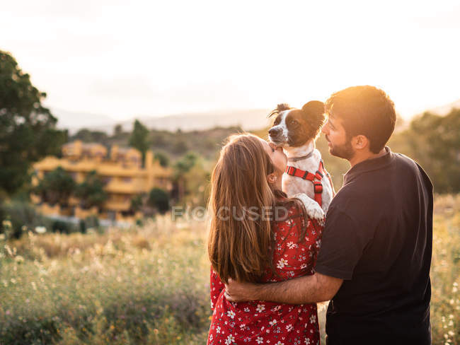 Sorrindo casal alegre se divertindo e segurando pouco cão entre grama alta no campo — Fotografia de Stock