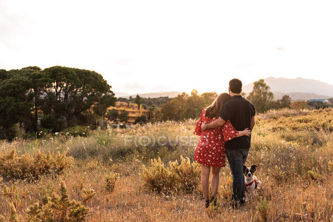 Vista posteriore di coppia irriconoscibile divertirsi con cagnolino tra erba alta in campagna — Foto stock