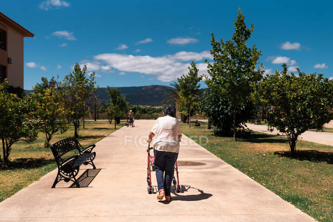 Back view of senior woman in blouse with walker in tropical park on sunny day — Stock Photo