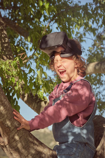 Хлопець, який посміхається в окулярах віртуальної реальності і денім, сидить високо на дереві в яскравий день. — стокове фото