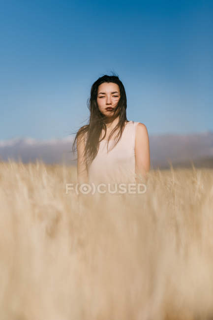 Schöne asiatische Frau blickt in die Kamera, während sie auf verschwommenem Hintergrund der Wiese an windigen Tagen in der Natur steht — Stockfoto
