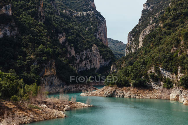 Von oben ein atemberaubender Fluss, der in einer Schlucht zwischen zwei grünen Hügeln fließt — Stockfoto