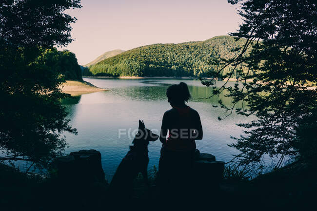 Silhouette of female traveler with dog admiring picturesque view of lake and forest in summer day — Stock Photo