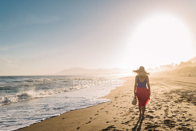 Вид ззаду струнка жінка в капелюсі і парео, що йде уздовж берегової лінії в яскравому сонячному світлі — стокове фото