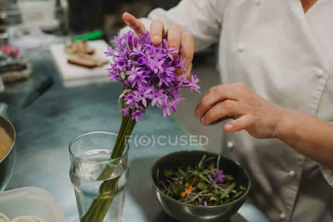 Vegetable salad with dark green in steel bowl and hands of chef checking dish — Stock Photo